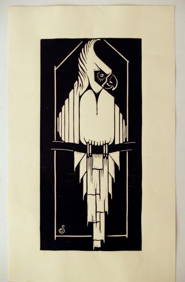 Jan Schonk Art Deco lino / houtsnede van een kaketoe, Ophalen of Verzenden