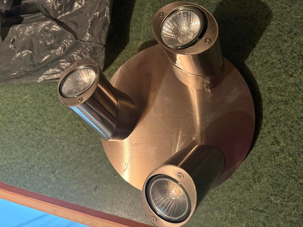 Moderne plafondspot met 3 halogeenlampen, geborsteld staal, Halogeen, Gebruikt, Metaal of Aluminium, Ophalen of Verzenden