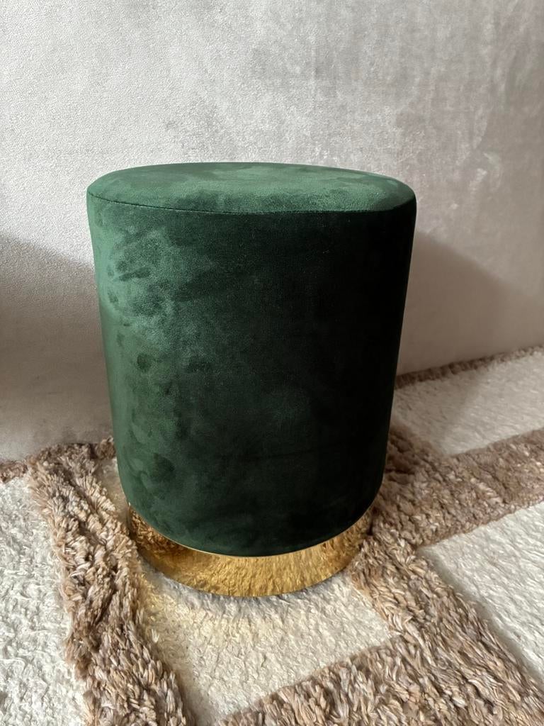 Velvet groene poef met gouden rand, Ophalen, Minder dan 50 cm, Rond, Minder dan 50 cm