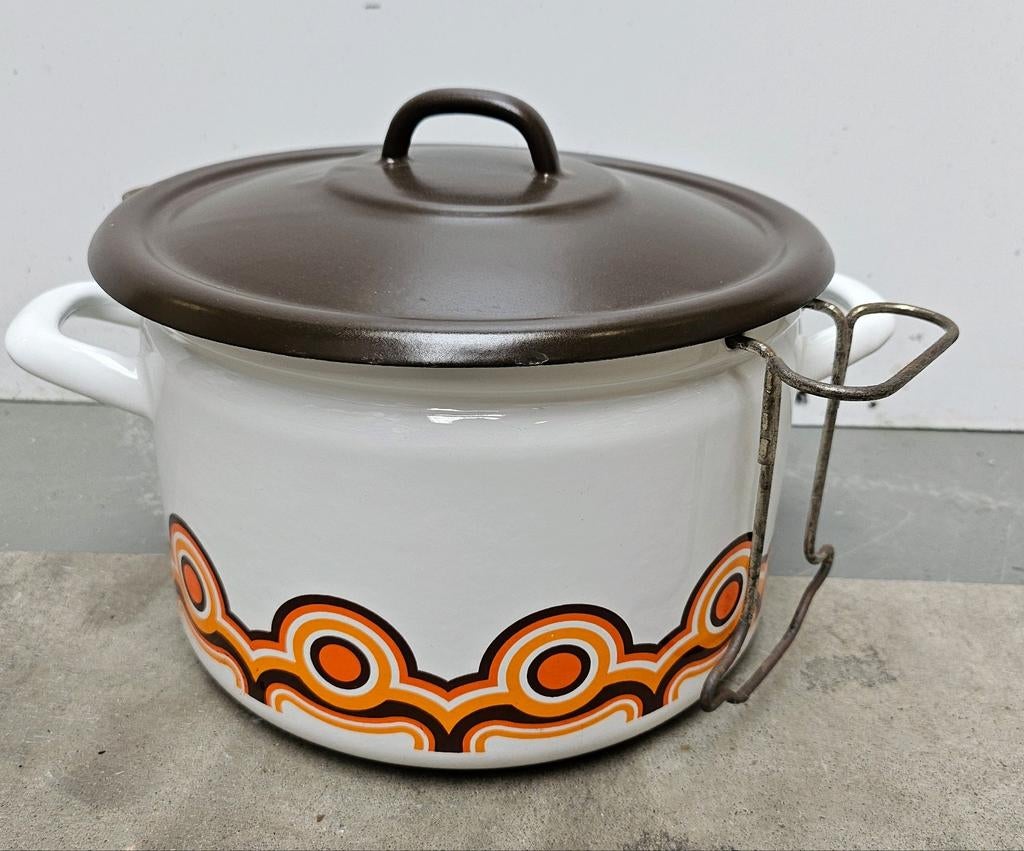 Vintage 70s emaille frituurpan met retro design, 2 tot 3 liter, Ophalen of Verzenden, Gebruikt, Uitneembare binnenpan