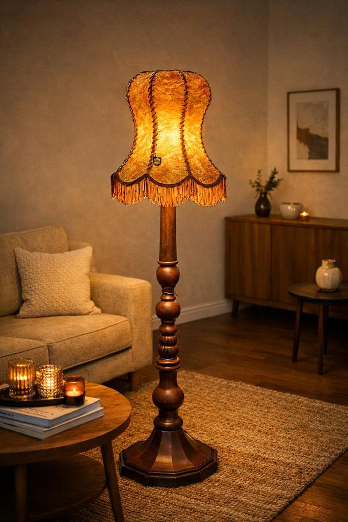 Prachtige Vintage lamp – Handgemaakt Echt Leer & Masief Hout, Vintage, Ophalen of Verzenden, Zo goed als nieuw, 150 tot 200 cm
