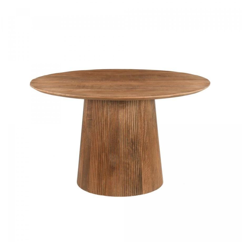 Ronde Japandi mangohouten eettafel + 4 beige bouclé stoelen, Overige materialen, Rond, Zo goed als nieuw, Vier personen