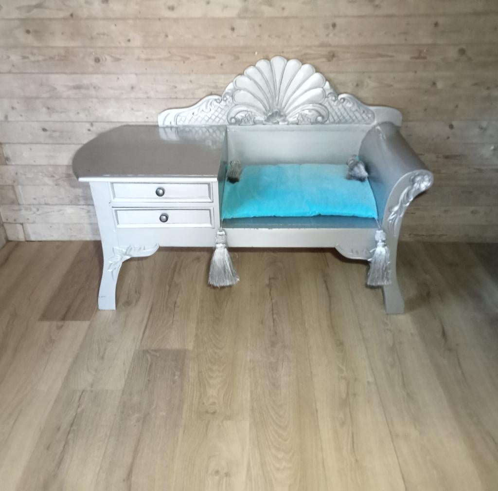 SIERLIJK ZILVER BANKJE MET LADENKASTJE MET TURKOOIS KUSSEN, Ophalen, Gebruikt, Eenpersoons, Minder dan 75 cm