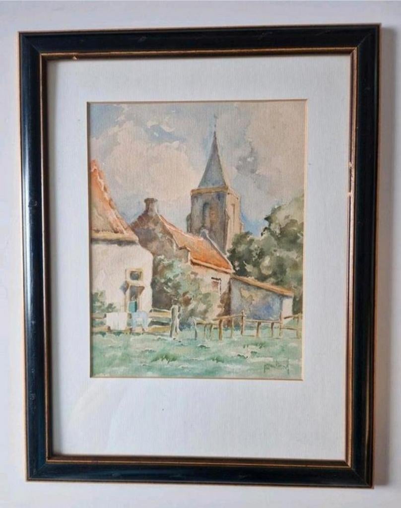 Schilderij: Dorpsgezicht met kerk, gesigneerd, Antiek en Kunst, Kunst | Schilderijen | Klassiek, Ophalen of Verzenden