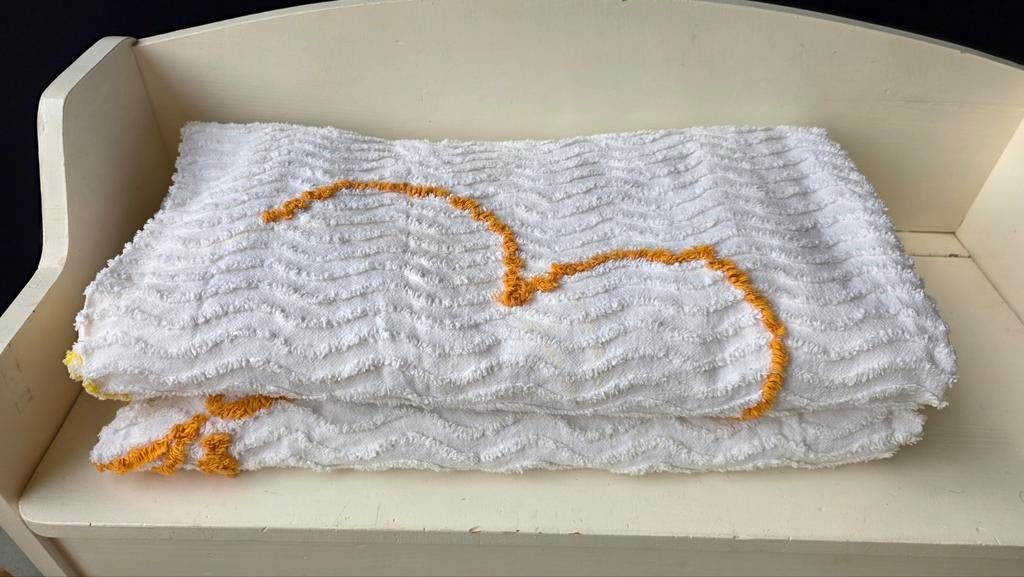 Vintage jaren zeventig Sprei 220x2210, wit, groen, geel, Gebruikt, Wit, Onbekend, Tweepersoons