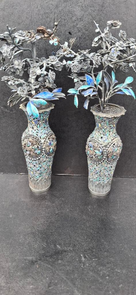Zilveren emaille vaasjes qing dynasty filigraan werk, Ophalen of Verzenden