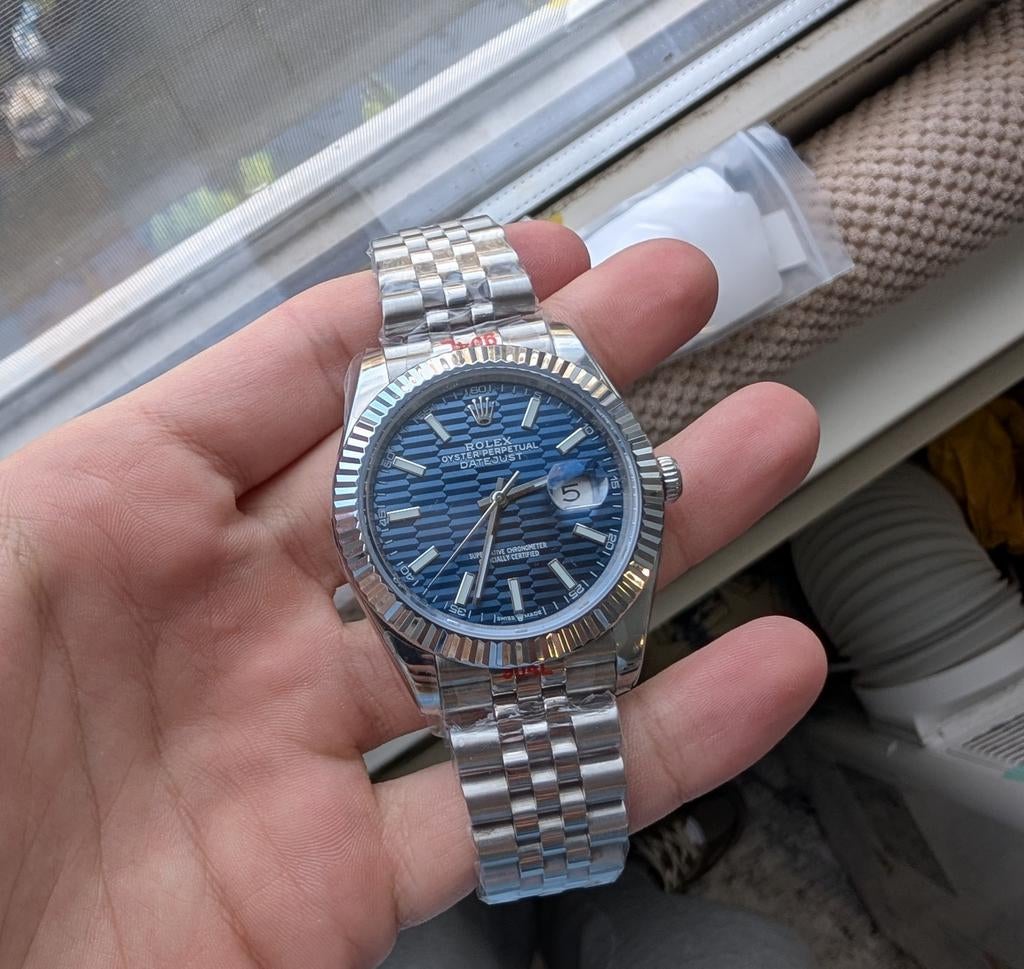Rolex Datejust 41 Blauw Motif Dial Jubilee Fluted Bezel, Sieraden, Tassen en Uiterlijk, Horloges | Heren, Ophalen of Verzenden