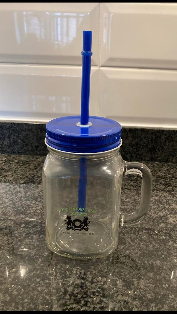 TROLLBEADS DRINKGLAS/ DRINKBEKER BLAUW DEKSEL MET RIETJE., Ophalen of Verzenden, Nieuw, Glas of Kristal, Trollbeads