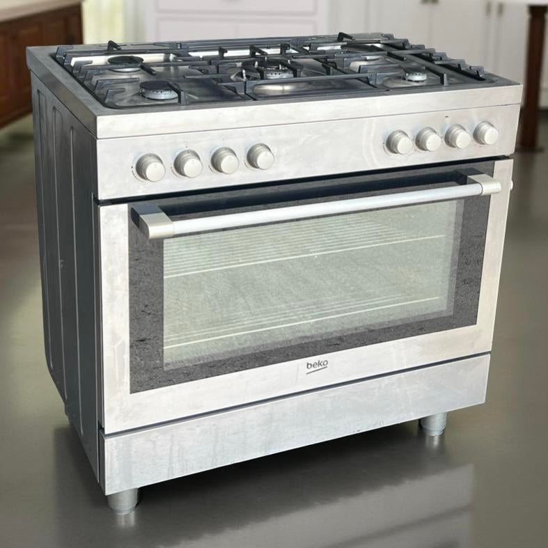 Gasfornuis Outlet Breed 90cm BEKO 5-pits RVS | Garantie |, Ophalen, 60 cm of meer, B, Zo goed als nieuw