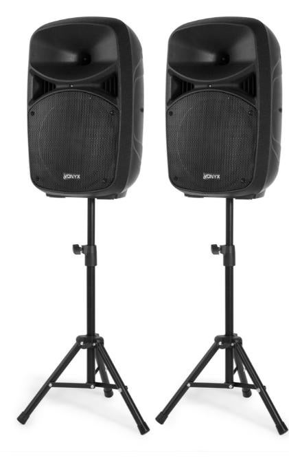 Speakers met statieven en draadloze microfoon -, Ophalen, Gebruikt, Complete set