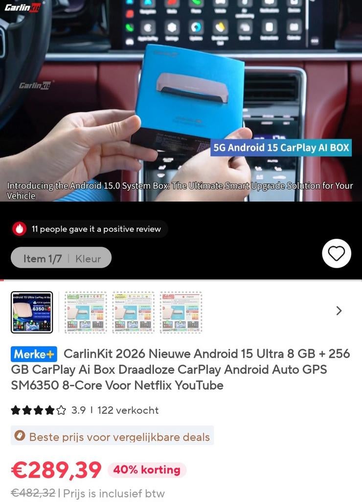 Carlinkit Android Auto CarPlay AI Box 256gb draadloos, Ophalen of Verzenden