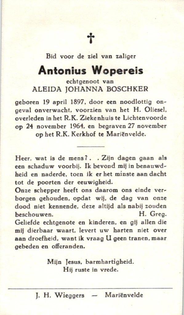 Wopereis Antonius 1897-1964 Mariënvelde, Ophalen of Verzenden
