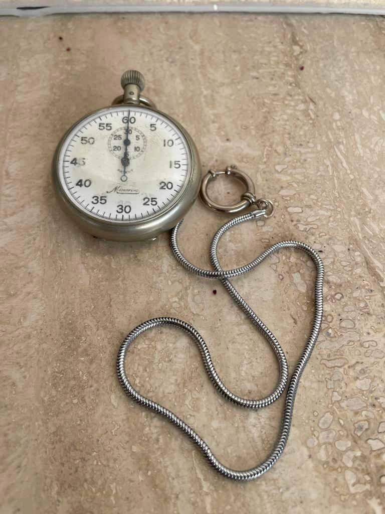 Vintage Minerva stopwatch met ketting, Ophalen of Verzenden