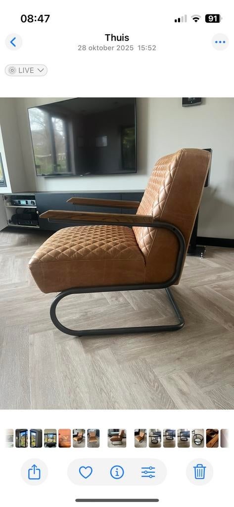 Cognac leren fauteuil, Huis en Inrichting, Fauteuils, Ophalen, Zo goed als nieuw, 50 tot 75 cm, Leer