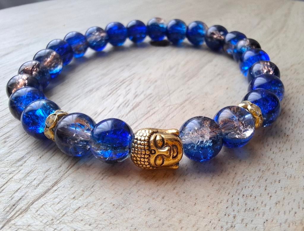 Armband buddha 8 mm glaskralen blauw goud boeddha, Blauw, Nieuw, Ophalen of Verzenden, Elastiek