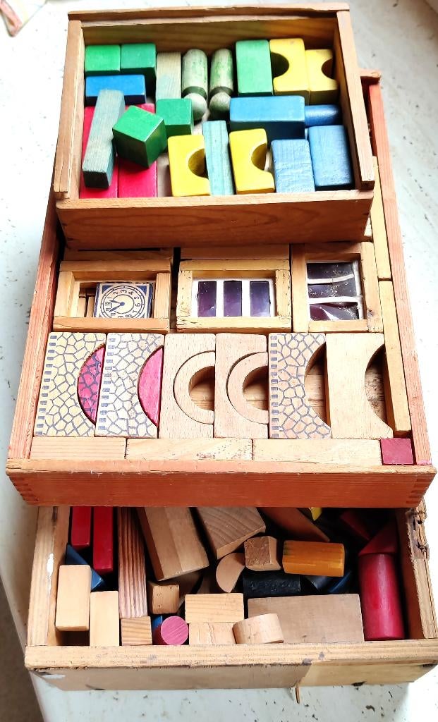  3 vintage blokkendozen met houten bouwstenen - speelgoed, Ophalen of Verzenden, Zo goed als nieuw