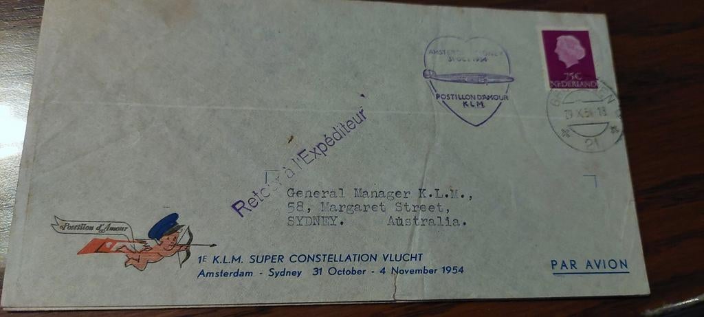 Speciale envelop 1e lijnvlucht KLM Amsterdam Sydney, Ophalen, Envelop