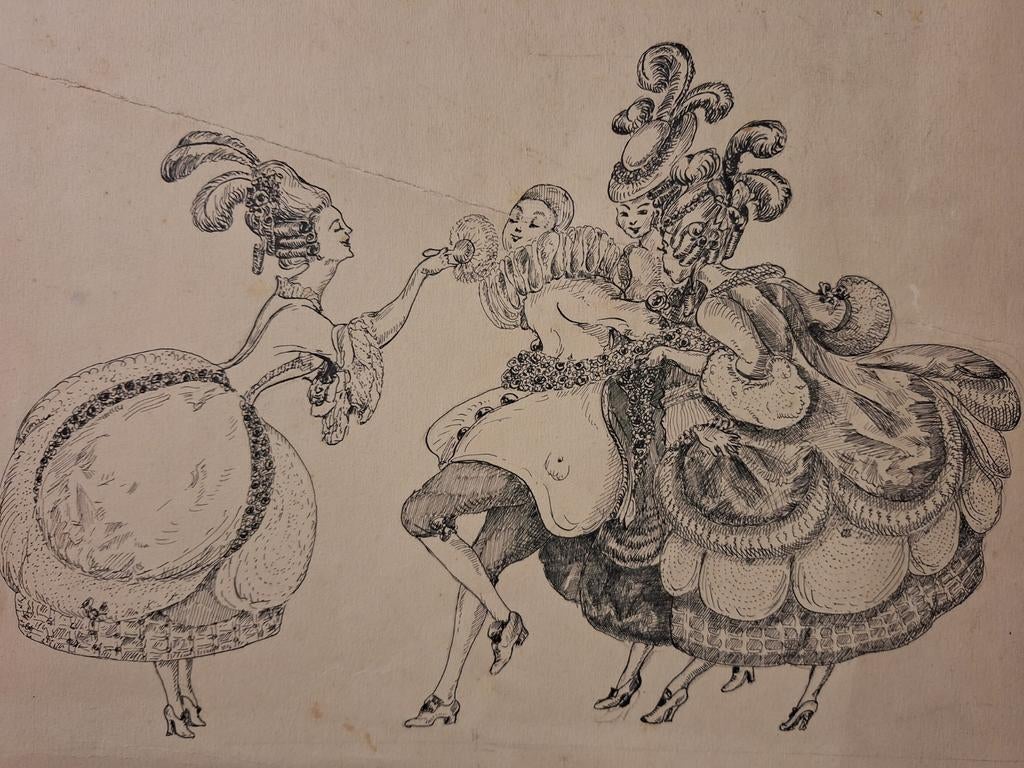 Oude Pentekening van barok Dames, Ophalen of Verzenden