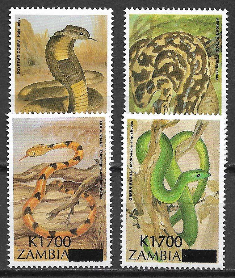 Zambia 2003 Slangen overdruk nwe waarde python cobra pfrs, Verzenden, Zambia, Postfris
