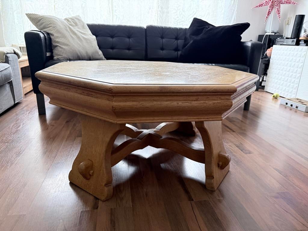 Massief eiken houten salontafel, Ophalen, Gebruikt, 75 tot 100 cm, Overige vormen