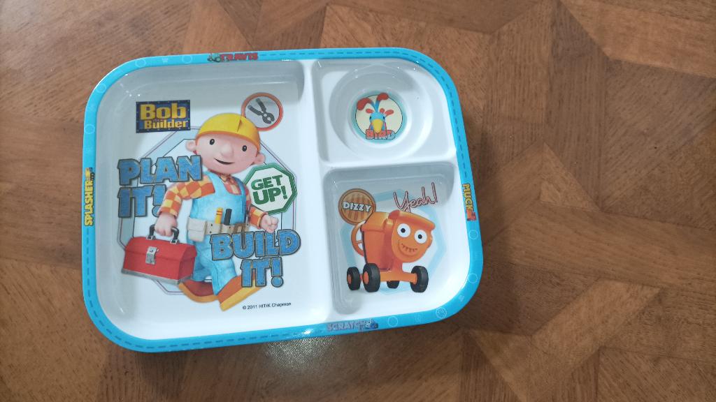 Bob de bouwer 3 vaks melamine bord 27x21 cm, Overige materialen, Ophalen of Verzenden, Zo goed als nieuw, Bord(en)