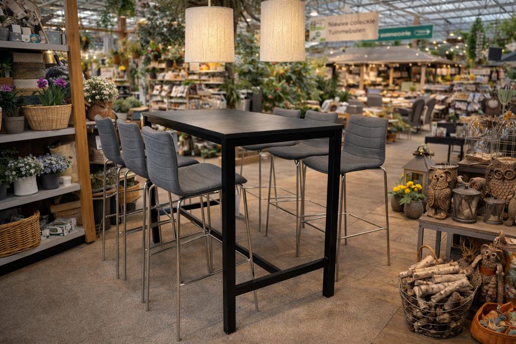 Bartafel met 6 krukken grijs/Chrome Direct/Leverbaar