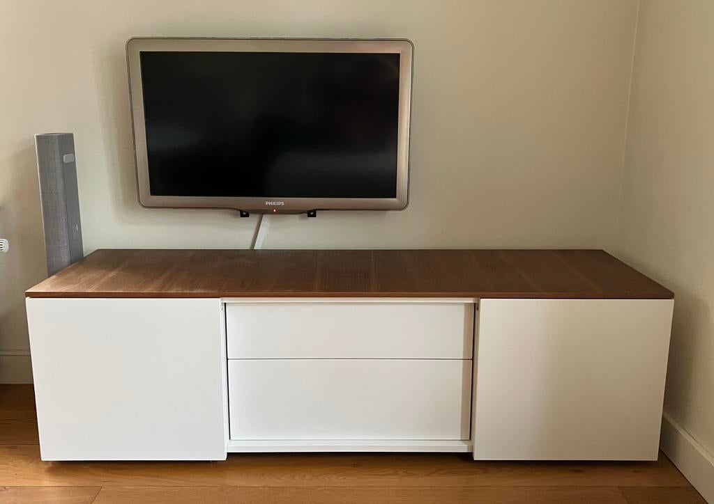 Strak design Karat (tv-) meubel mat lak wit met noten fineer, Huis en Inrichting, Ophalen, Overige materialen, 100 tot 150 cm
