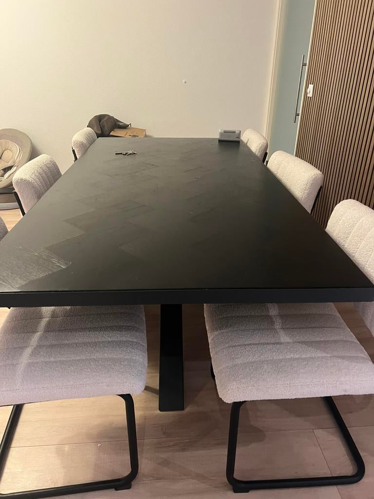 Luxe eettafel van mangohout met metalen onderstel, Ophalen, 200 cm of meer, 50 tot 100 cm, Zo goed als nieuw