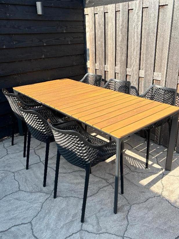 Tuintafel - Aluminium/Polywood - 200x90 cm + 6 stoelen, Ophalen, Zo goed als nieuw, Rechthoekig, Kunststof