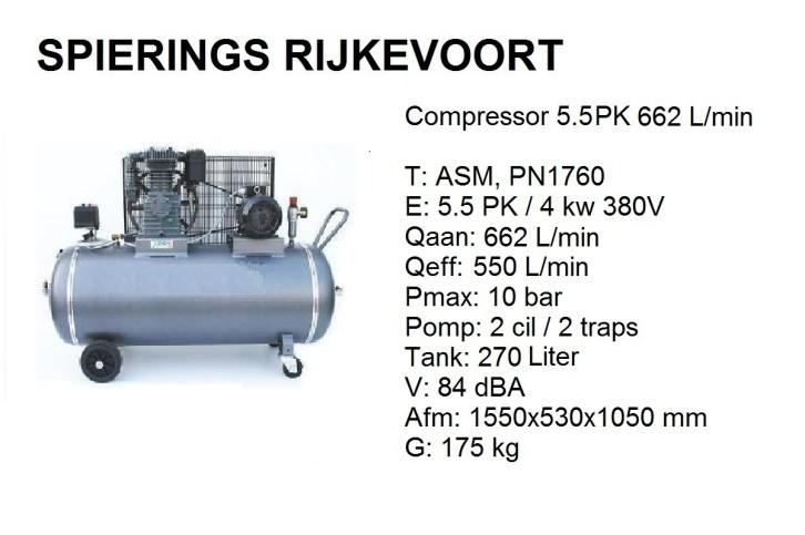 Compressor 5,5pk 650 L/min 380 V tank 270 L Spierings, Niet ingevuld, Niet ingevuld, Nieuw, Ophalen of Verzenden