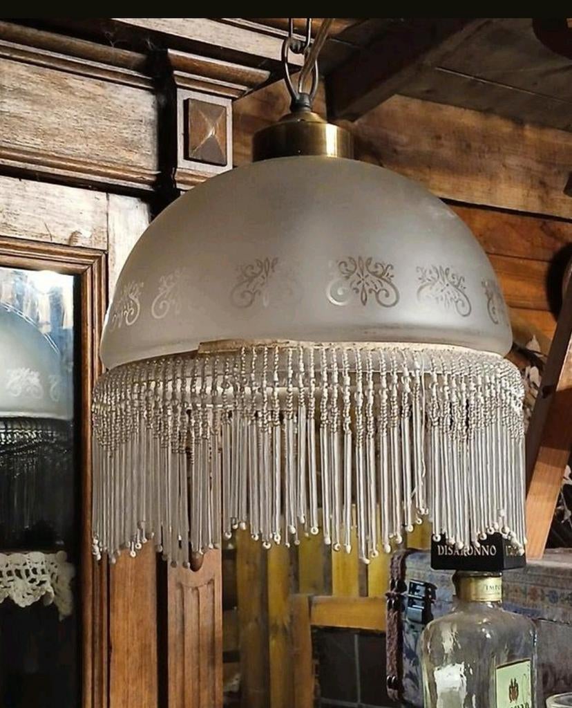 Vintage Glazen Hanglamp met Kralen, Antiek en Kunst, Antiek | Lampen, Ophalen of Verzenden