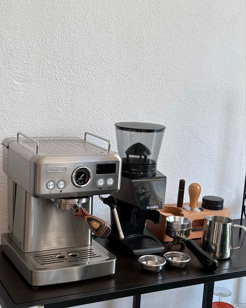 Complete koffiebarista set: Hibrew H10A & Biolomix molen, Stoompijpje, Espresso apparaat, Gemalen koffie, Ophalen of Verzenden