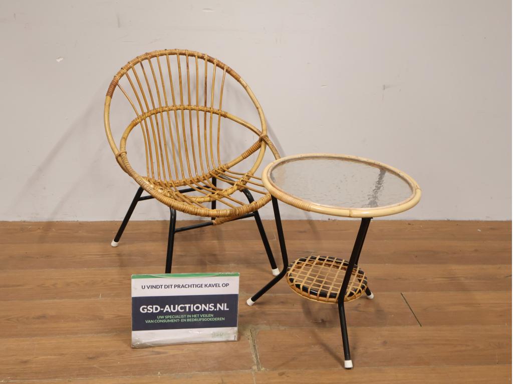Vintage Rotan Stoel met Bijzettafel door Rohé Noordwolde, Ophalen of Verzenden, Niet ingevuld, Niet ingevuld, Niet ingevuld