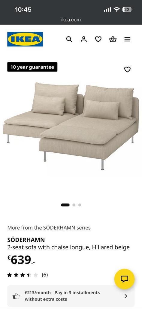 IKEA SÖDERHAMN 2-zitsbank met chaise longue - Beige, Huis en Inrichting, Banken | Sofa's en Chaises Longues, Gebruikt, 100 tot 125 cm