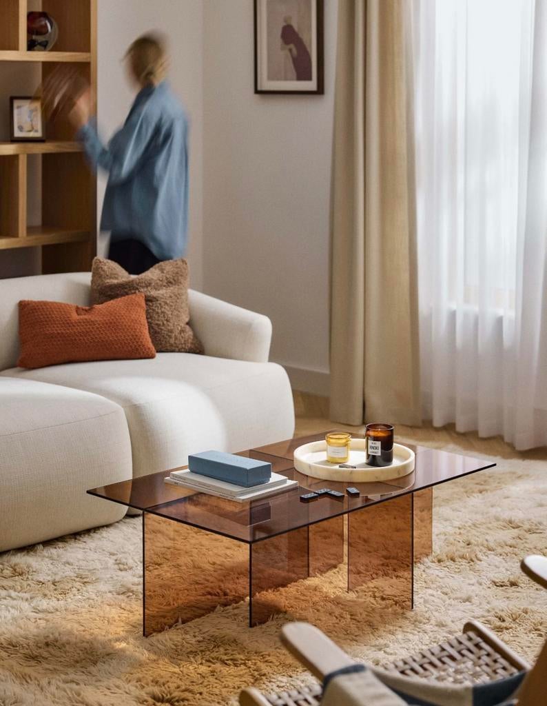 Glazen brons oranje salontafel westwing, Ophalen, 50 tot 100 cm, Rond, Zo goed als nieuw