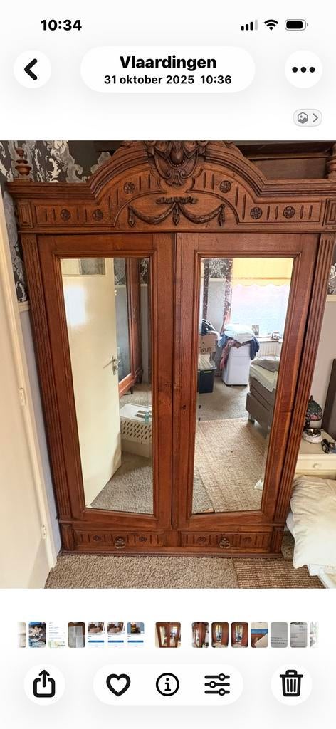 Antieke Linnenkast met Spiegels - Massief Hout, Gebruikt, 200 cm of meer, 150 tot 200 cm, Eikenhout