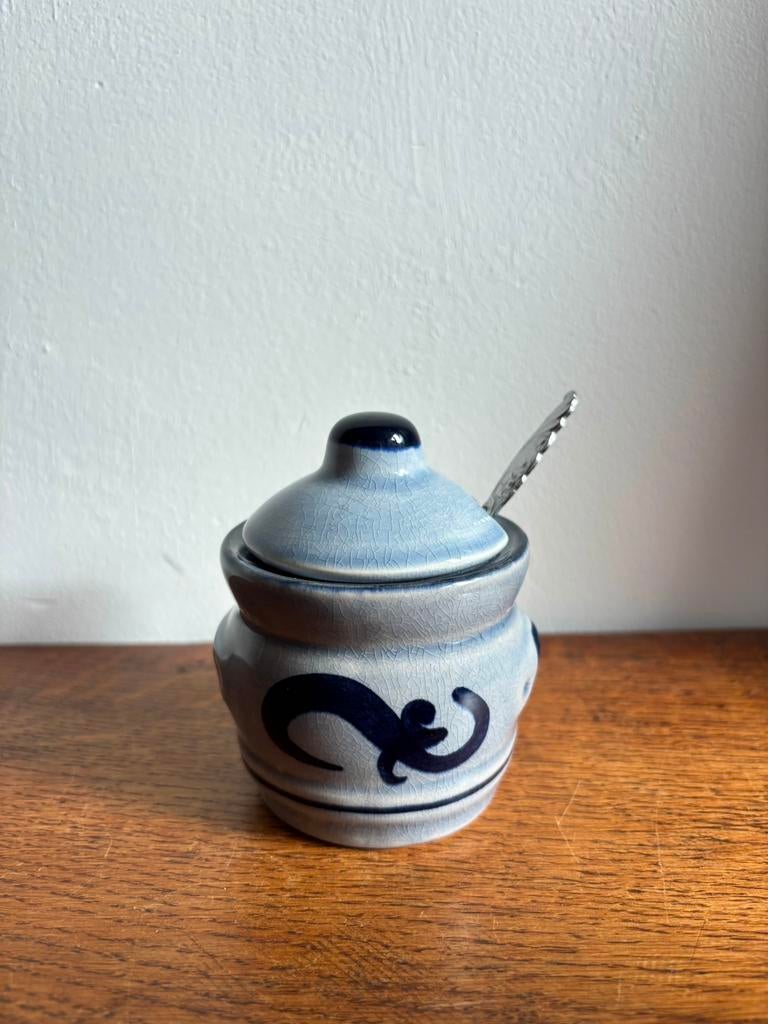 Vintage Keuls mosterdpotje lepel Westerwald aardewerk blauw, Ophalen of Verzenden