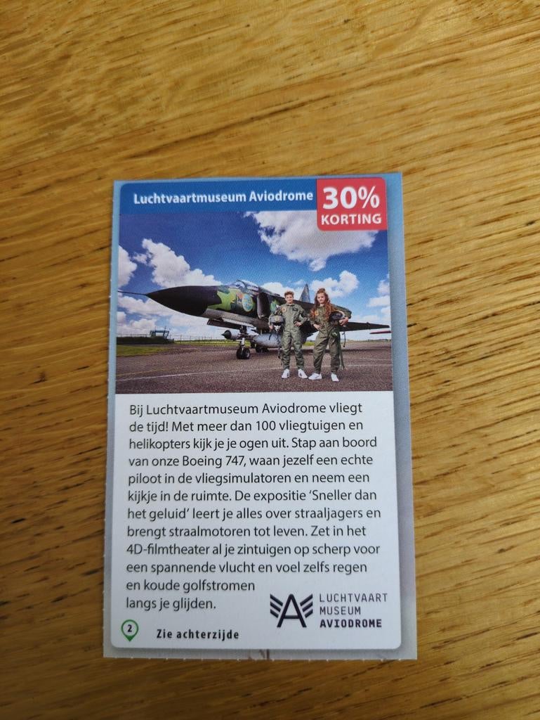 Kortingsbon voor Aviodrome, Tickets en Kaartjes, Musea, Drie personen of meer, Kortingskaart