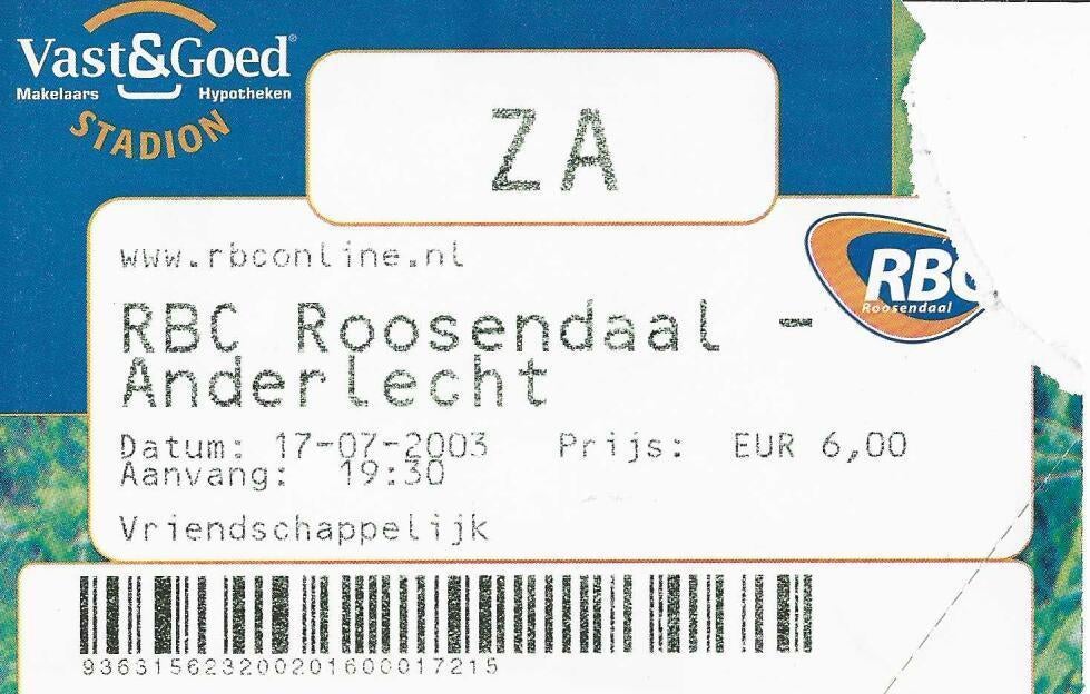 Ticket 03-04 RBC - Anderlecht, Verzamelen, Sportartikelen en Voetbal, Ophalen of Verzenden, Gebruikt, Overige binnenlandse clubs
