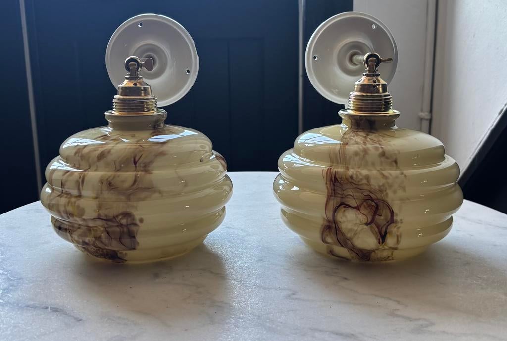 Set 2 vintage wandlampen marmer geel glas glazen lamp kap, Ophalen of Verzenden, Glas