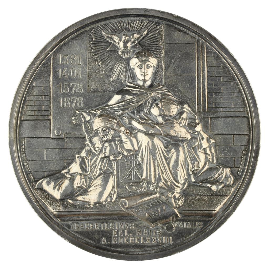 ZELDZAME PENNING ZILVER 3E EEUWFEEST MEISJESHUIS DELFT 1878, Ophalen of Verzenden, Zilver, Nederland