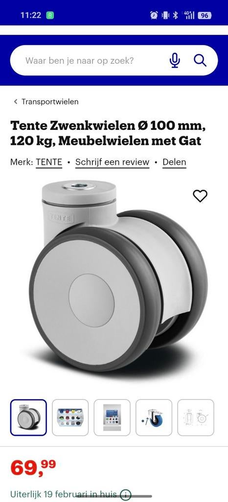 Tente zwenkwielen 100mm 414 stuks, Ophalen