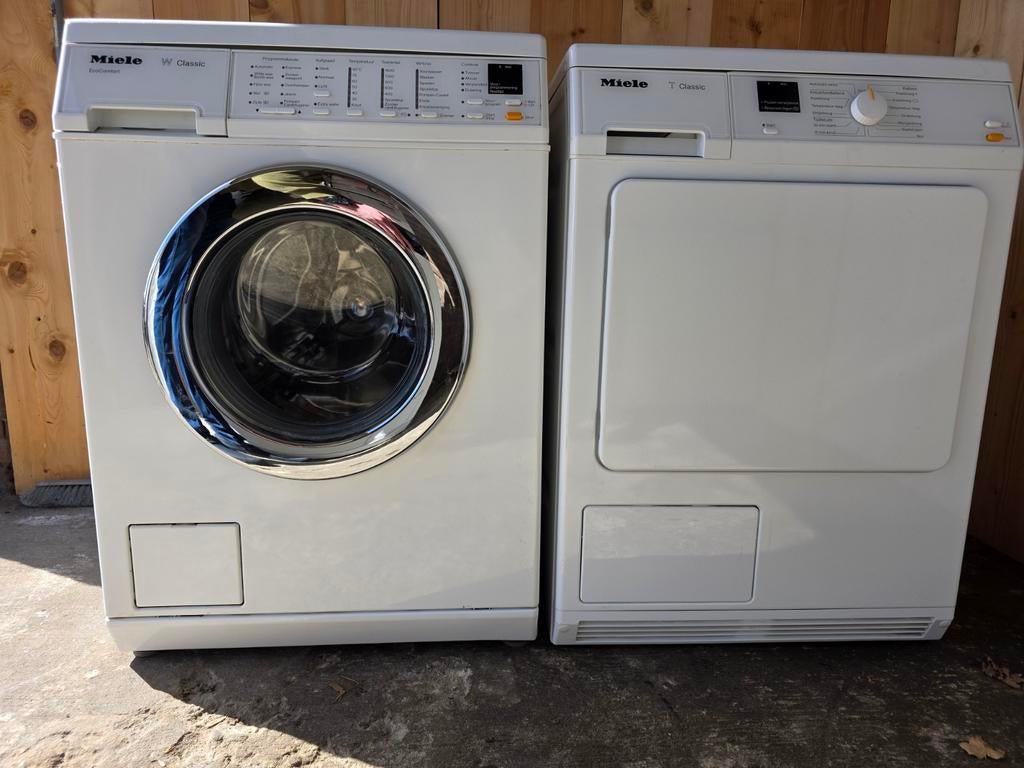 Miele SoftCare W-Classic wasmachine & T-Classic condensdroge, 8 tot 10 kg, Ophalen, Zo goed als nieuw, Minder dan 85 cm