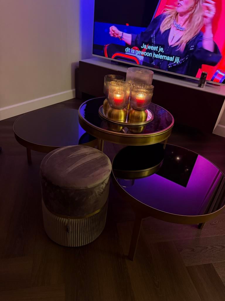 Set van 3 salon/bijzettafels met glazen blad - z.g.a.n., Rond, Minder dan 50 cm, 50 tot 100 cm, Ophalen of Verzenden