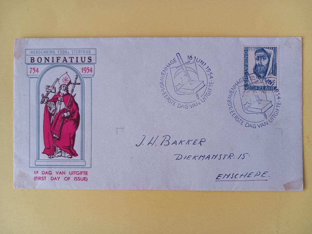 1954 Bonifatius FDC E17 met open klep e2, Verzenden, Beschreven, Nederland