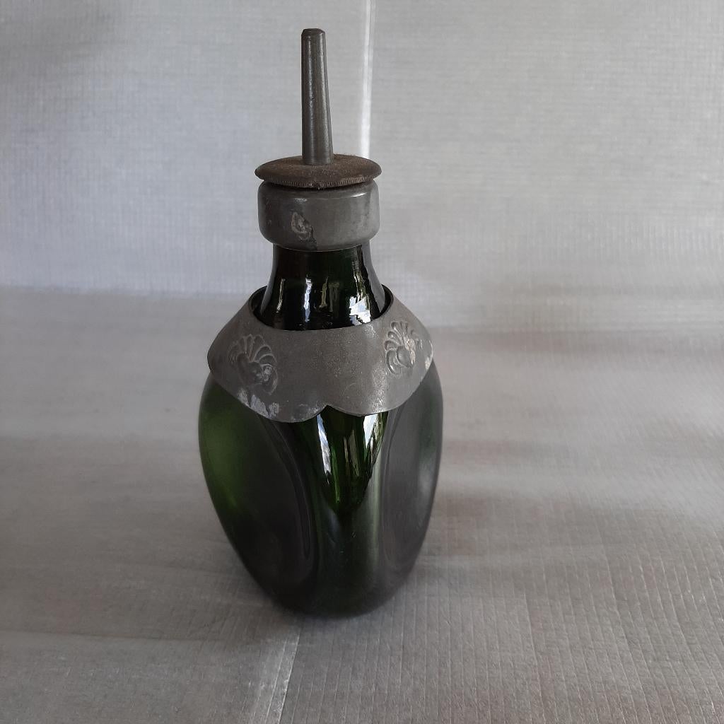 groen glazen elixer flesje / karafje, Gero tin beslag, Antiek en Kunst, Ophalen