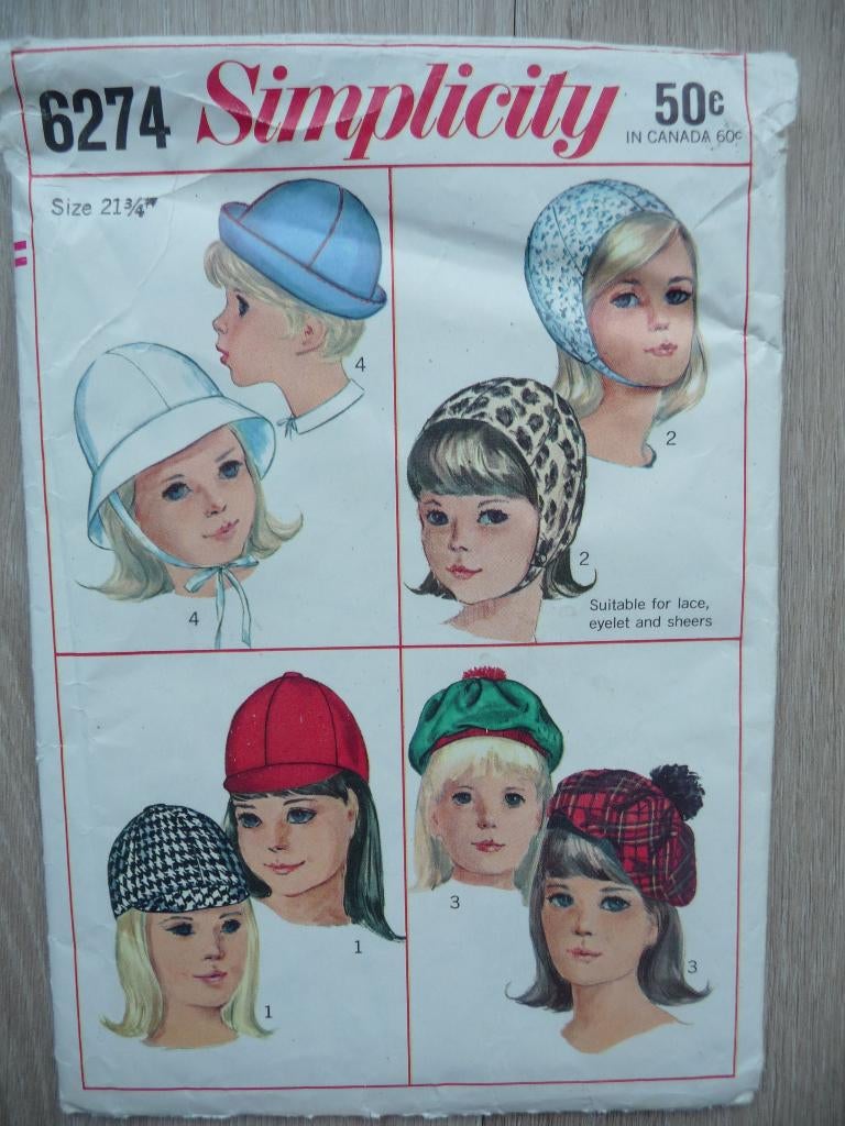 vintage Simplicity naaipatroon 6274 hoeden, petten en mutsen, Hobby en Vrije tijd, Kledingpatronen, Overige merken, Kind, Muts, Sjaal, of Wanten