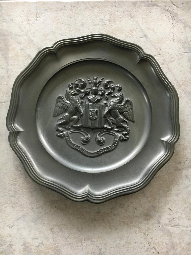 Tinnen wandbord bord wapenschild van Mechelen diam 23, Ophalen of Verzenden