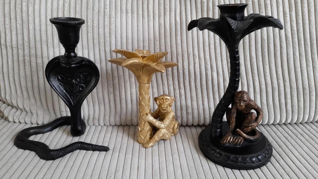 3 Kandelaars,  2 x Aap met Palmboom en 1 x Cobra, Huis en Inrichting, Ophalen of Verzenden, Gebruikt, Metaal, Kandelaar