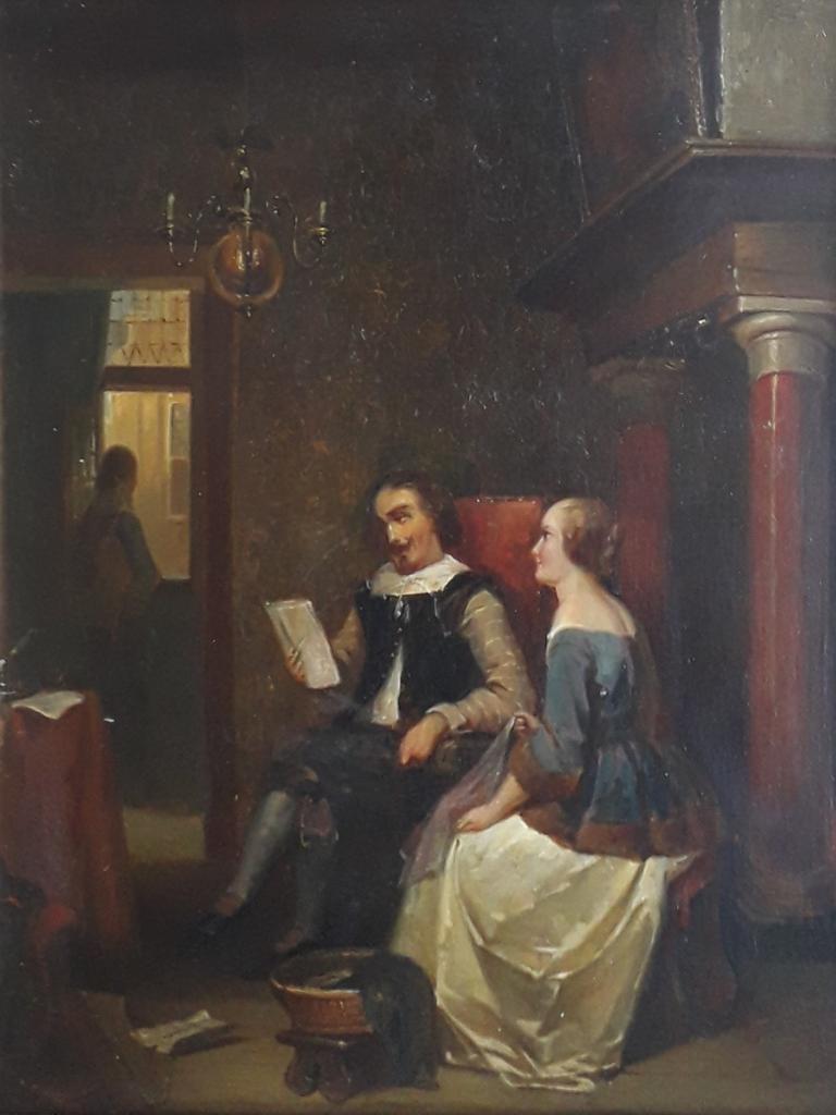 HEER EN DAME LEZEN BRIEF>DOORKIJKJE>INTERIEUR>OUD 19 EEUW, Ophalen of Verzenden